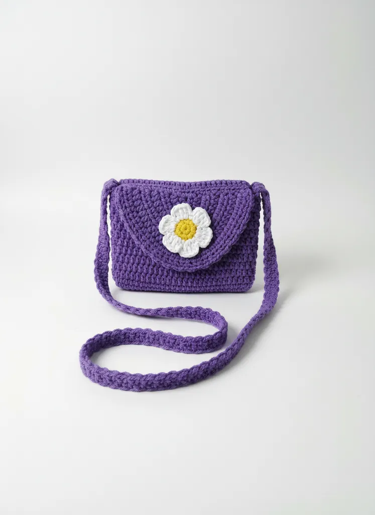 Mor ve Beyaz Çiçek Detaylı Örgü Çocuk Çantası - El Emeği