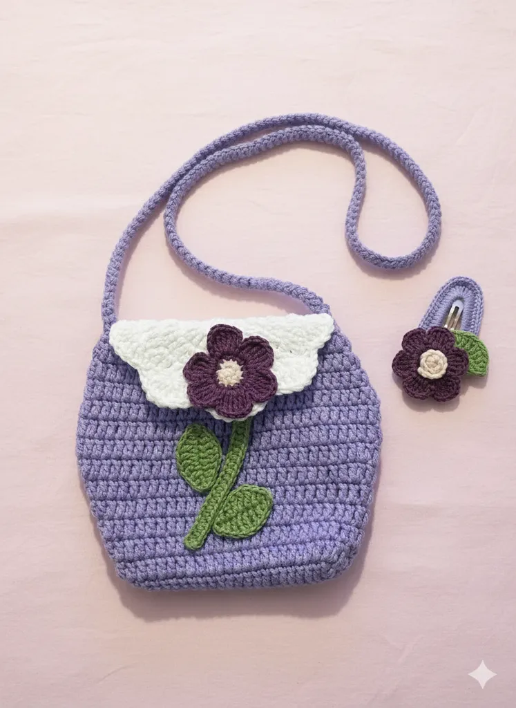 Mor Amigurumi Çanta ve Toka Seti - Çiçek Desenli, El Yapımı