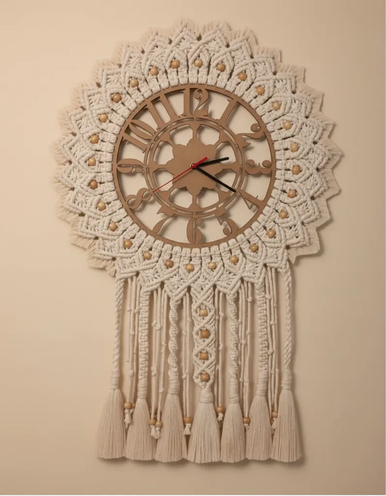 Krem Renkli Makrome Duvar Saati - Bohem Tarzı Sarkıntılı Tasarım