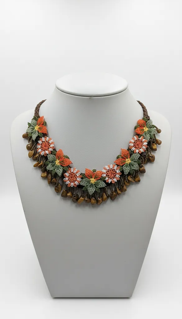 İğne Oyası ve Doğal Taş Detaylı Otantik Kolye - Ayarlanabilir