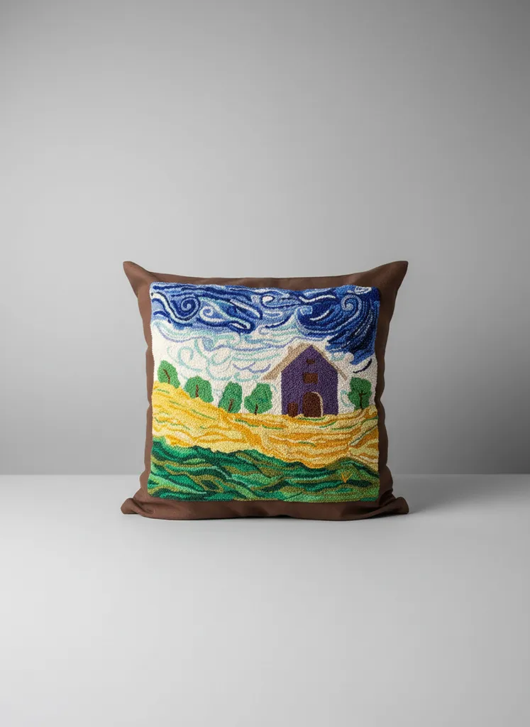 Punch Needle Tekniği ile İşlenmiş Renkli Doğa Desenli Kırlent Kılıfı