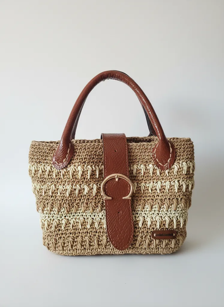 Taba Deri Detaylı Kağıt İp Örgü Çanta - Şık ve El Yapımı