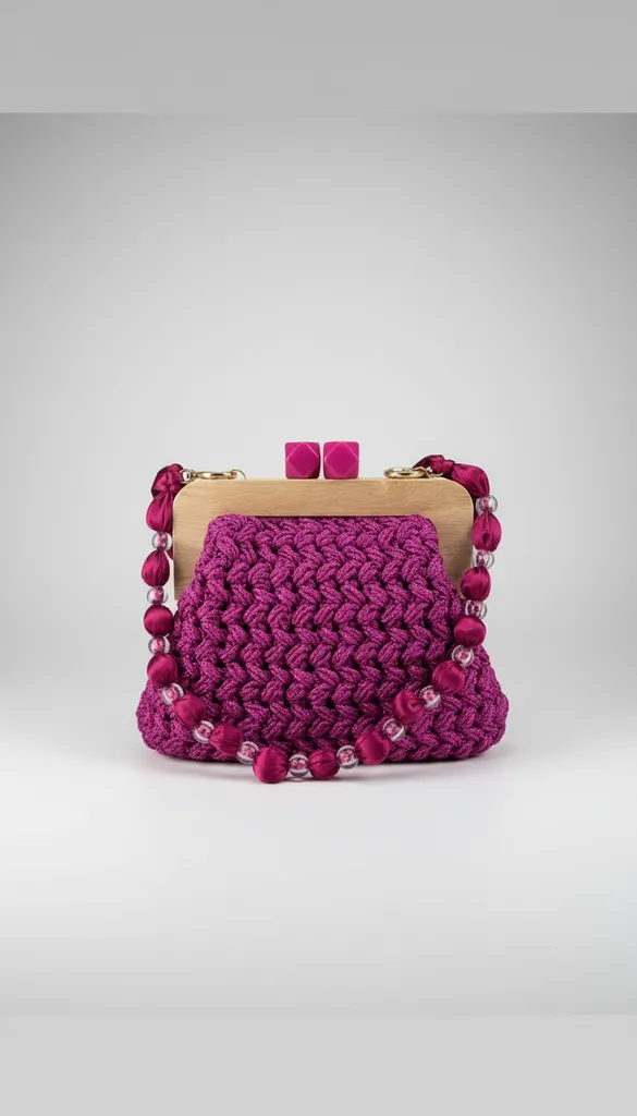 Fuşya Simli Örgü Gece Çantası - Ahşap Burslu ve Boncuk Detaylı