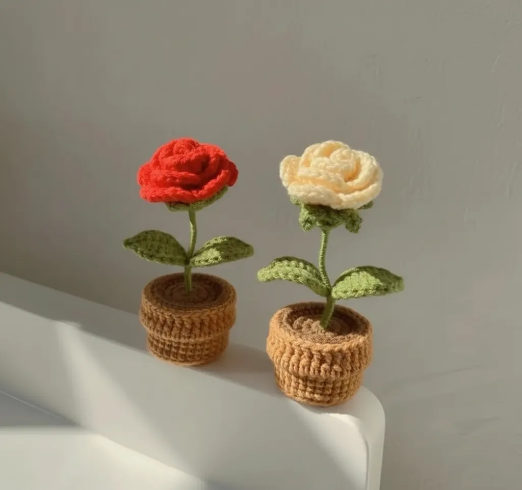 Knitted Mini Rose Pot Set - Decorative Handmade Flower Arrangement