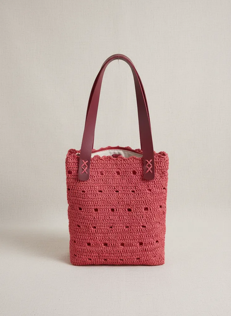 Kremit Rengi Kağıt İp Örgü Astarli ve Deri Saplı Çanta