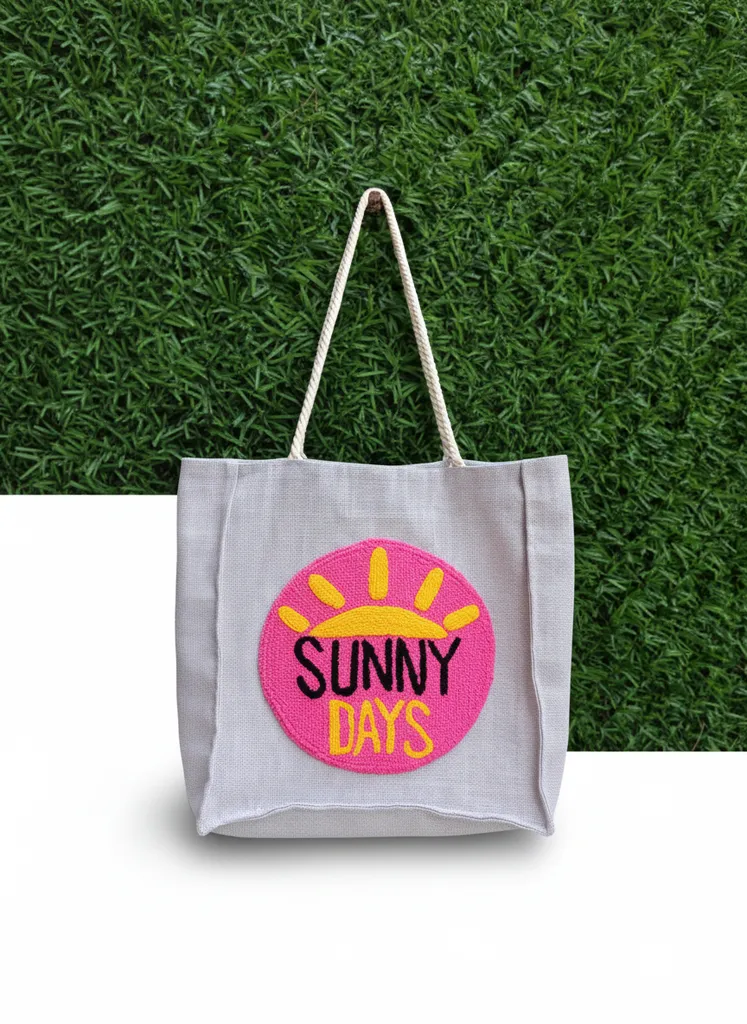Jüt Kumaş Gri Sunny Days Punch İşlemeli Omuz Çantası