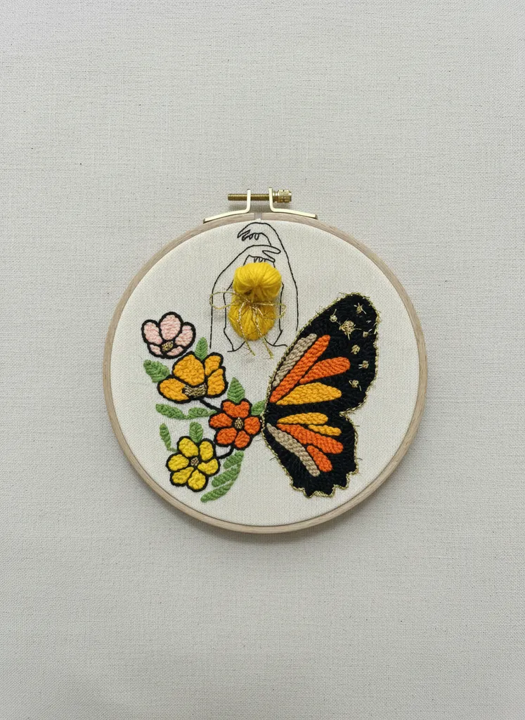 Kelebek ve Çiçek Motifli Punch İşlemeli Duvar Panosu (15cm)