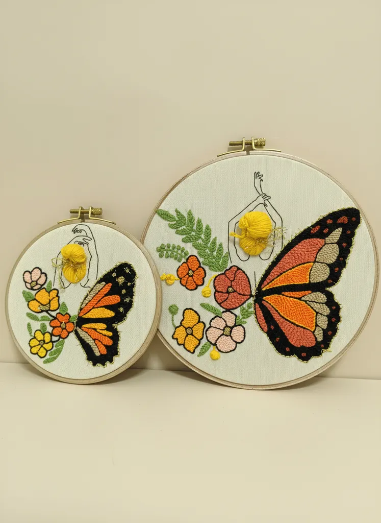 Punch Nakışlı Kelebek ve Çiçek Desenli Duvar Panosu (21cm) - El Emeği