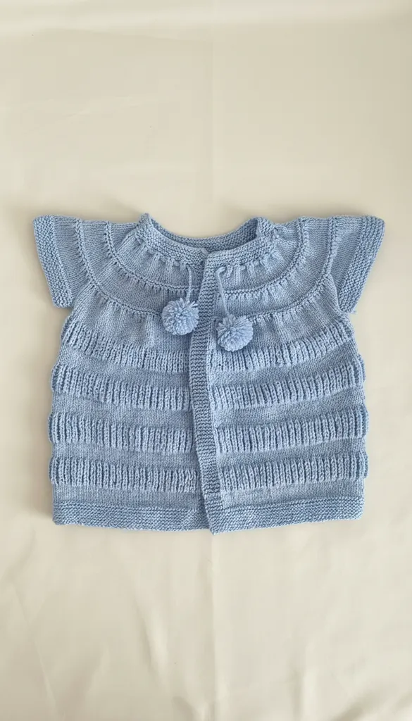 Mavi Örgü Çocuk Yelek - 5 Yaş, Ponponlu, El Emeği