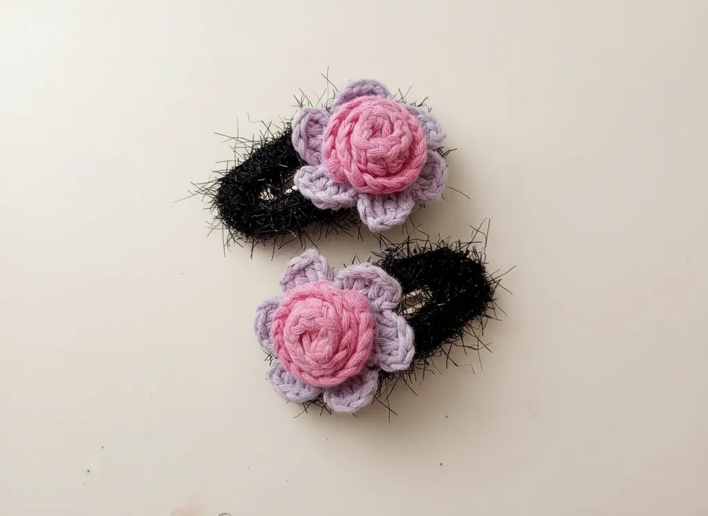 Knitted Flower Detailed Claw Clip - Purple and Pink Handmade Hair Accessory