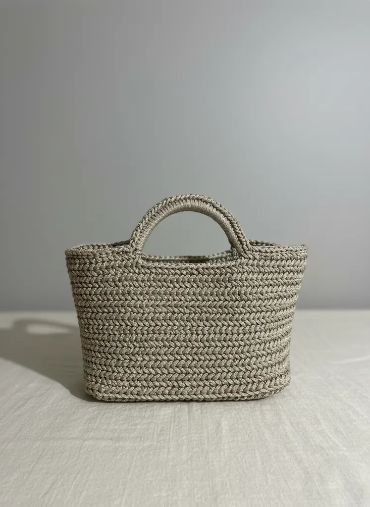 Bej Renkli Makrome İpten Örme Omuz Çantası - El Örgüsü