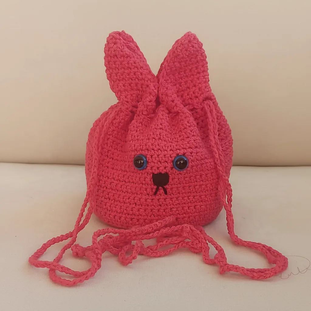 Pembe Tavşan Model Pamuk İpten Örme Çocuk Çantası - El Emeği