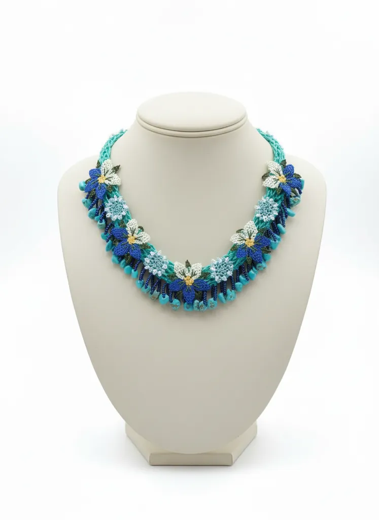 Turkuaz Doğal Taş Detaylı İğne Oyası Otantik Kolye - El Emeği