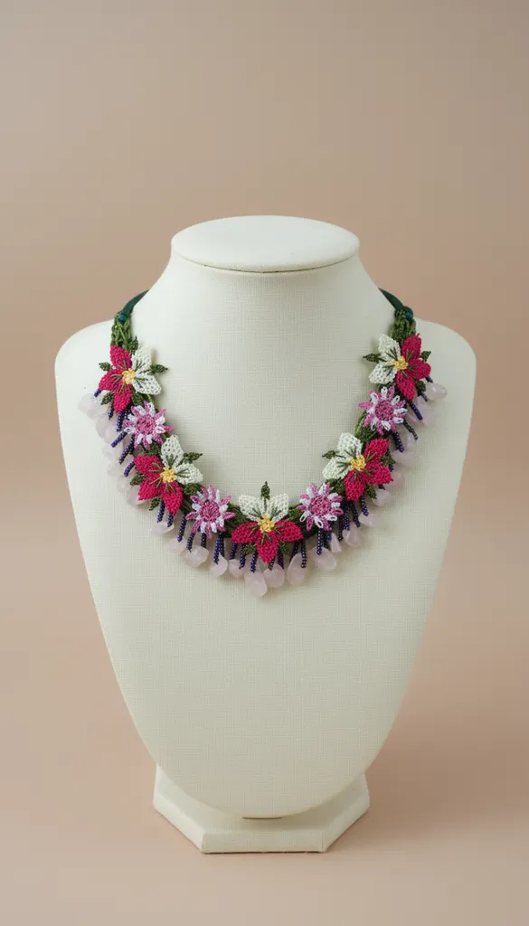 İğne Oyası Pembe Beyaz Çiçekli Doğal Taş Detaylı Otantik Kolye