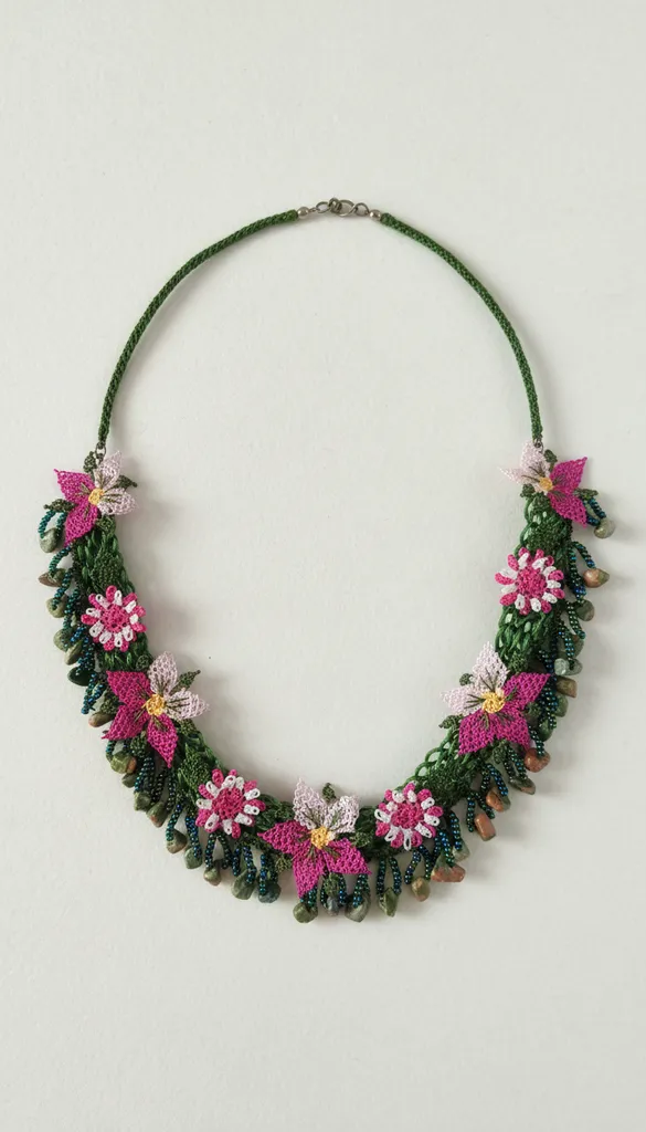 İğne Oyası ve Doğaltaş Detaylı Asansörlü Otantik Kolye - El İşi