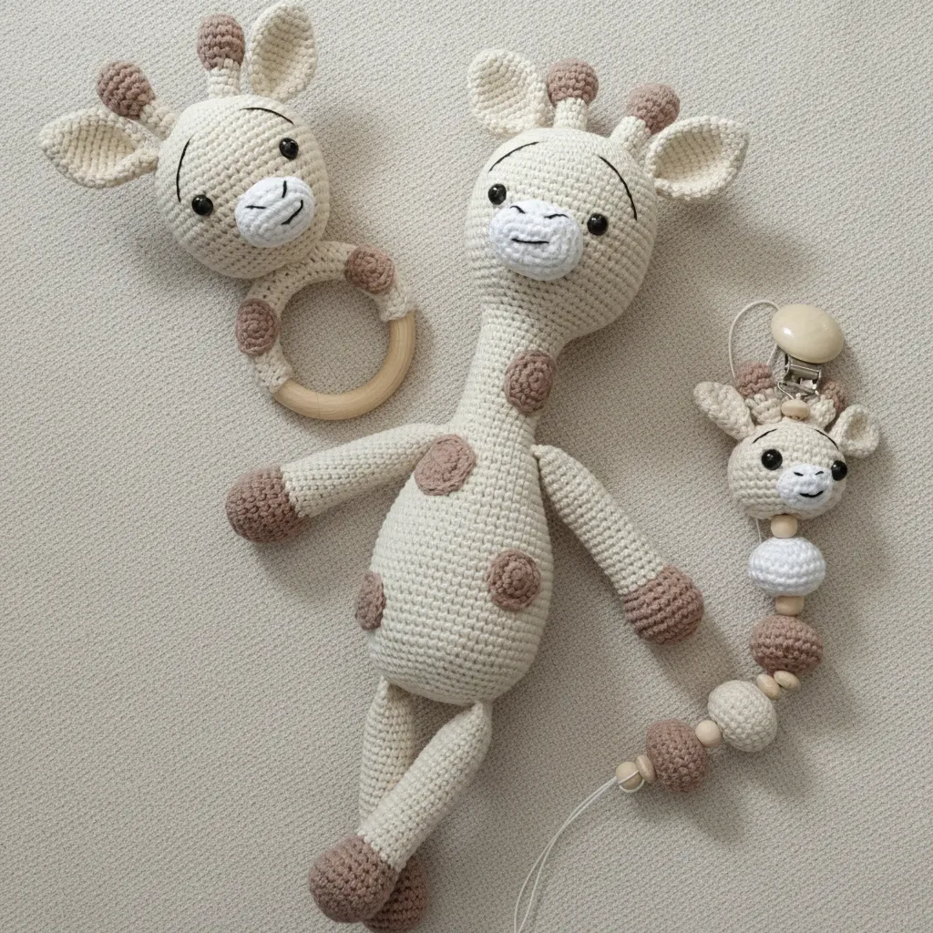 Amigurumi Bej Zürafa Oyuncak Seti - Çıngırak ve Emzik Zinciri