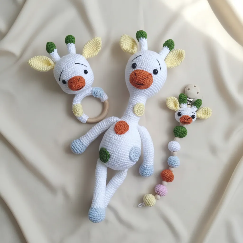 Amigurumi Renkli Zürafa Oyuncak Seti - Yenidoğan Bebekler İçin El Emeği