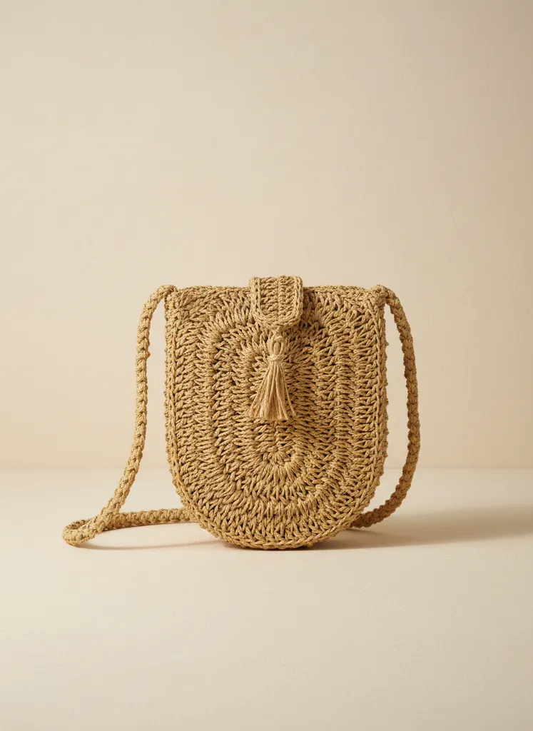 Örme Hasır Omuz Çantası - Çapraz Askılı ve Püsküllü Detaylı