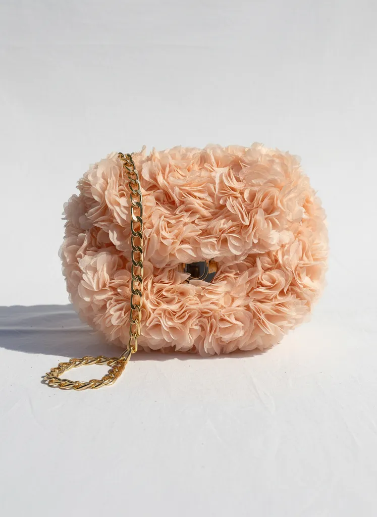 Pembe Çiçek Detaylı Organze Tül Kanvas Çanta ve Altın Zincir Askılı