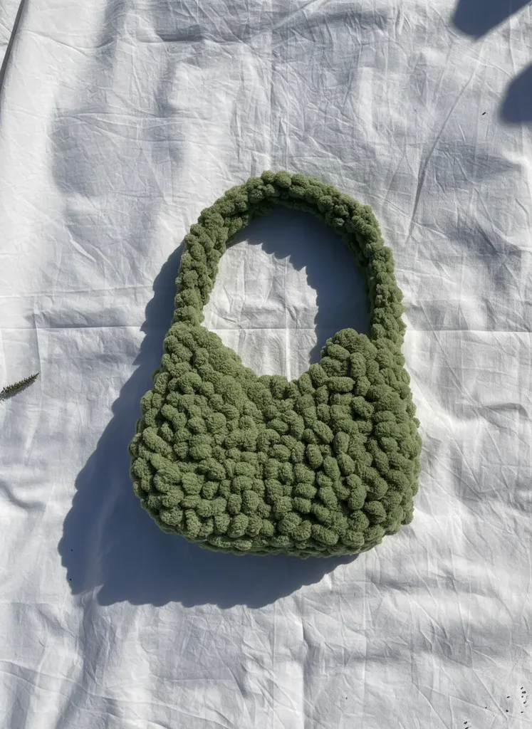 Green Puffy Knitted Bag from Yarn - Trendy Handmade Pinterest Bag