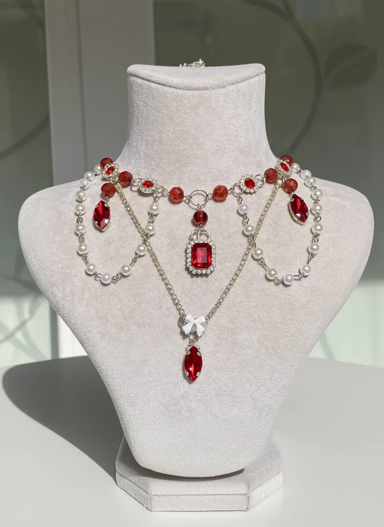 Red Stone and Pearl Detailed Elegant Design Necklace - For Special Occasions