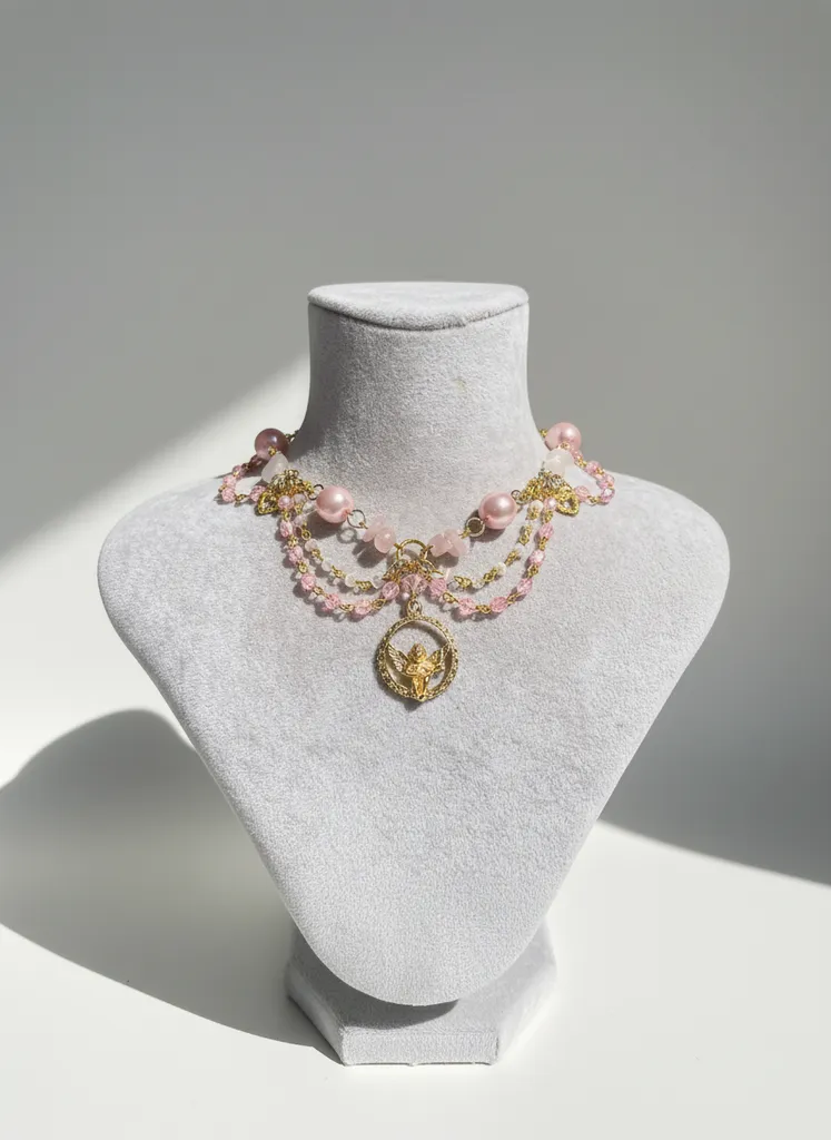 Pink Quartz Stone Gold Angel Figurine Necklace - Handmade Design