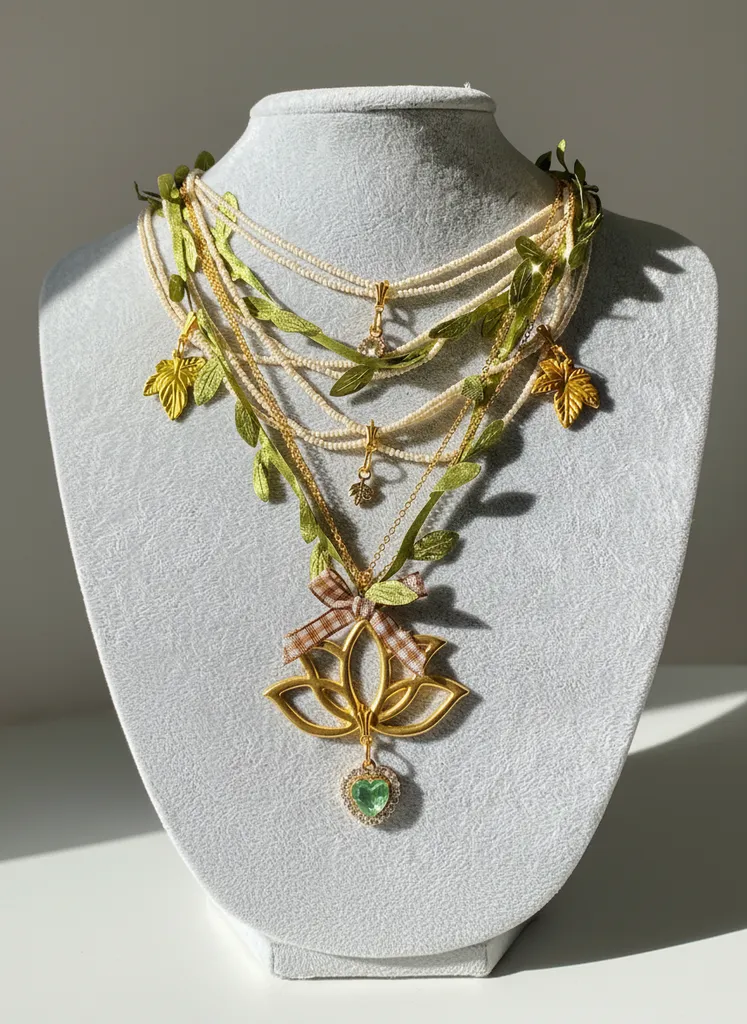 İnci ve Yaprak Detaylı Altın Renkli Lotus Çiçeği Kolye - Sonbahar Temalı