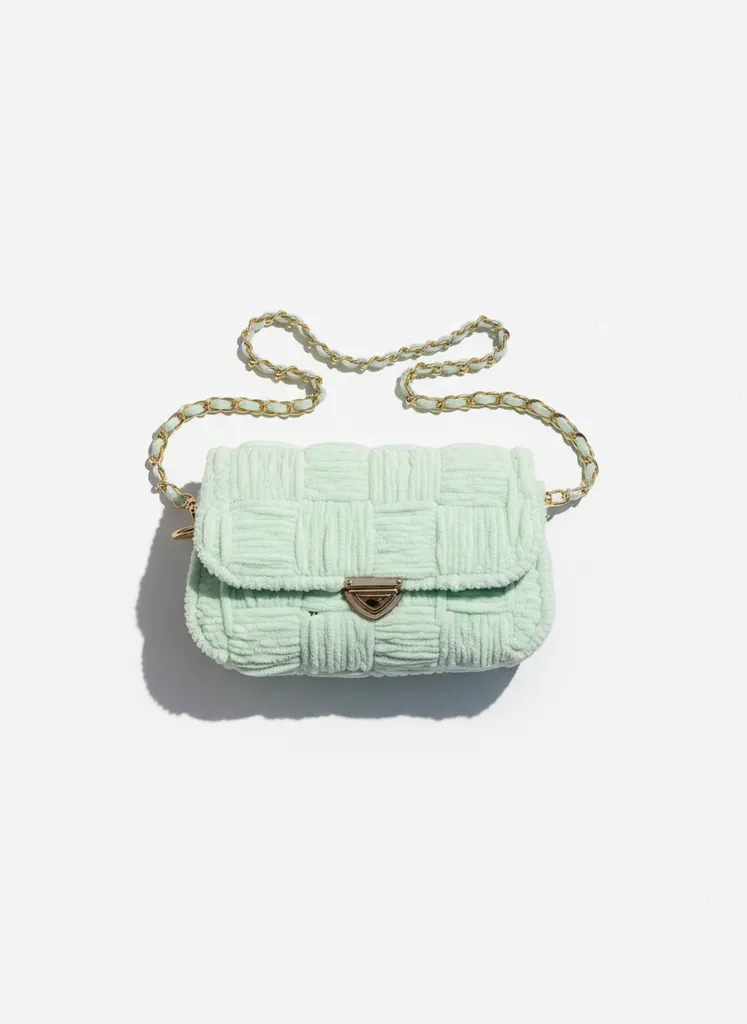 Mint Green Plush Knitted Shoulder Bag - Handmade with Chain Strap