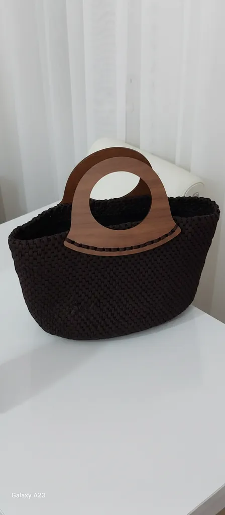 Kahverengi Makrome Örgü Omuz Çantası - Ahşap Saplı Günlük Kullanım