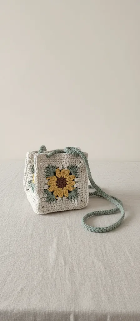Cream Colored Daisy Patterned Knitted Bag - Small Size Handmade