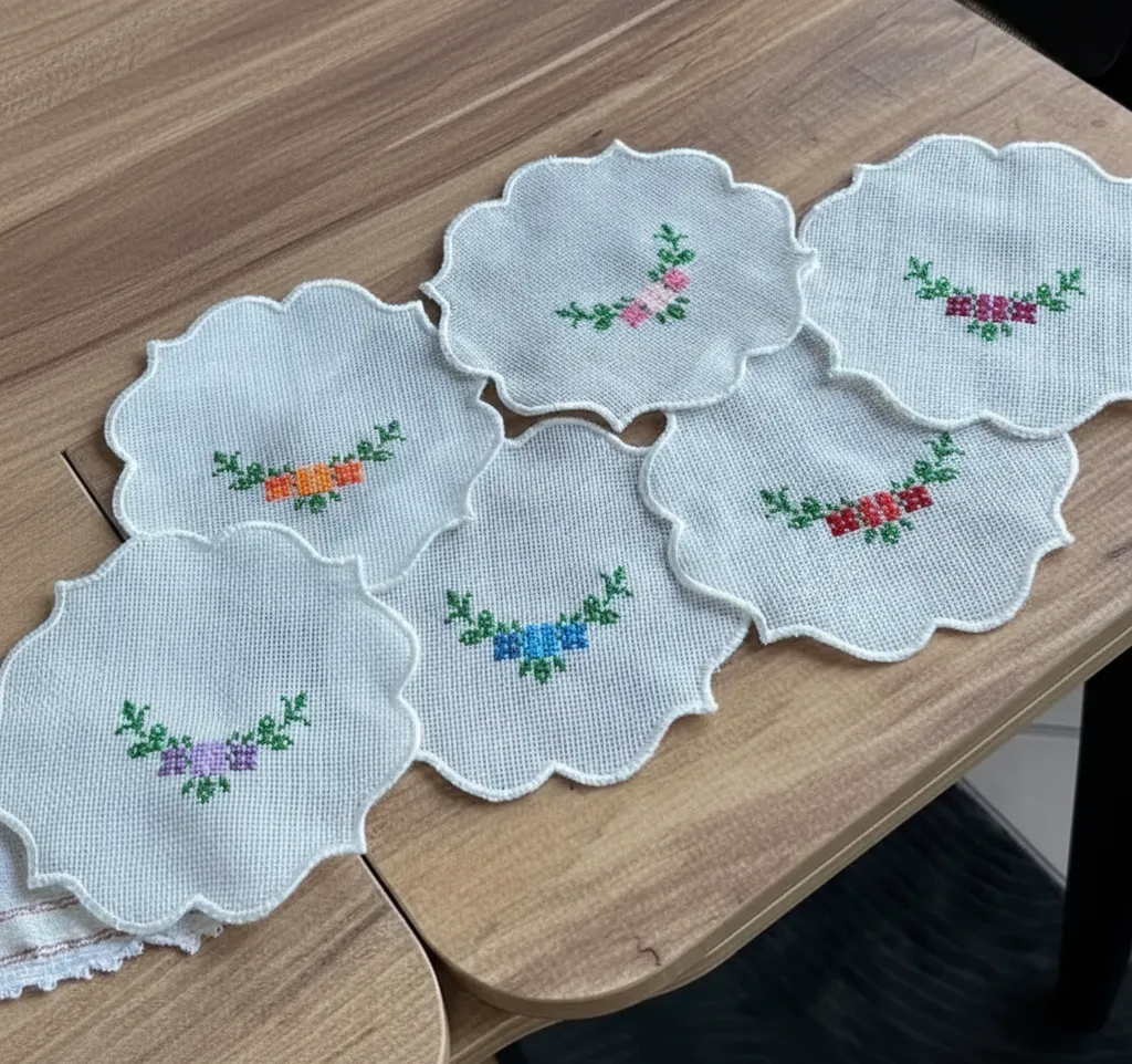 Beyaz Kumaş Üzerine Renkli Çiçek Desenli Kahve Sunum Peçetesi