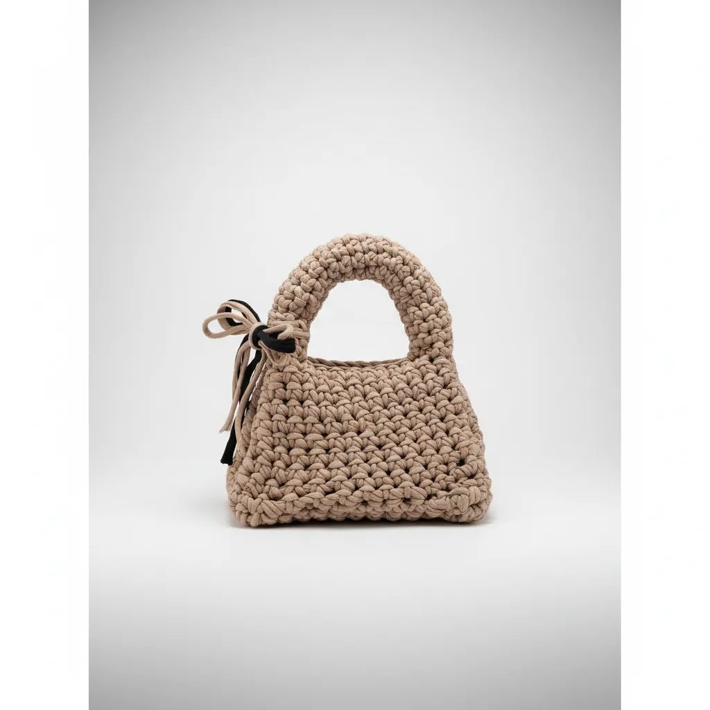 Bej Renkli Penye İpten Örme Çanta - Fiyonk Detaylı Şık Tasarım