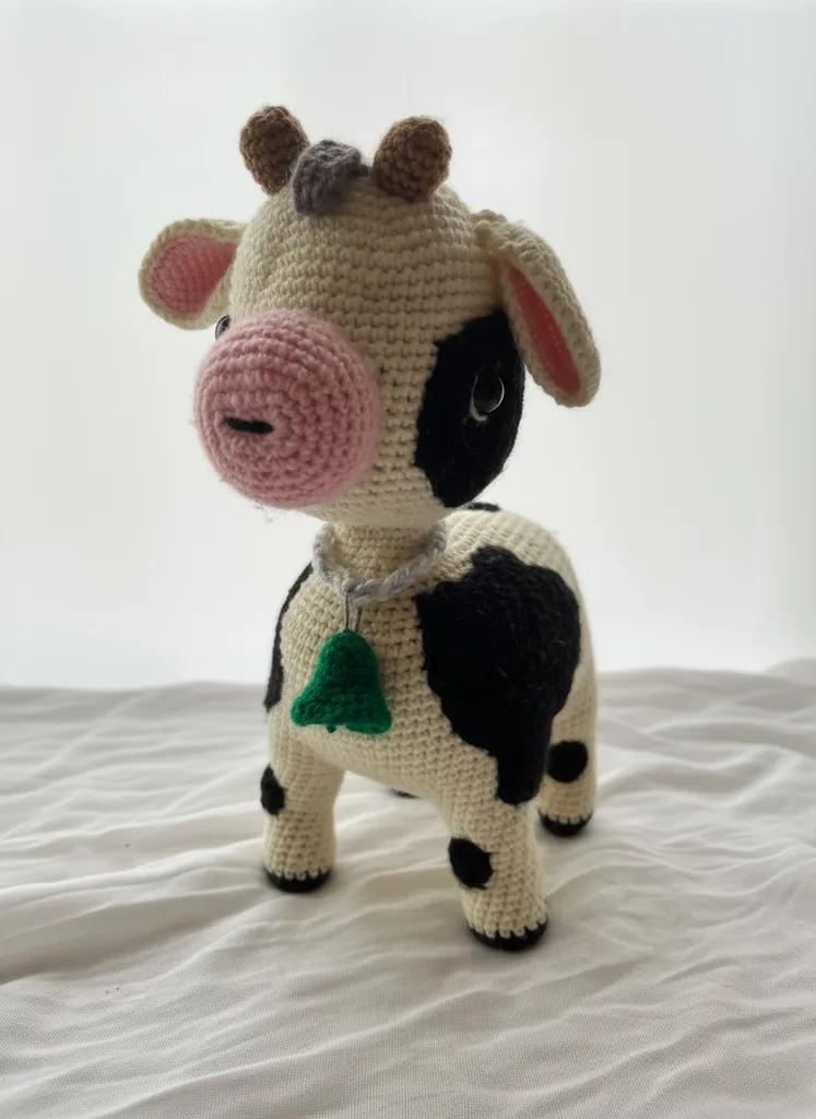 Beyaz ve Siyah Örgü İnek Oyuncak Bebek - 25 cm - El Emeği