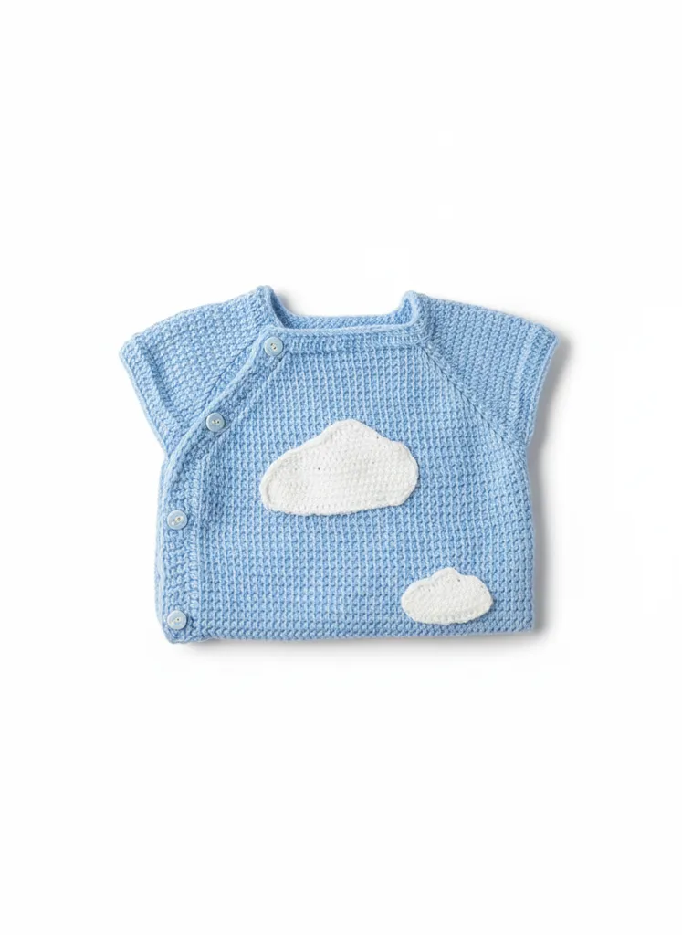 Mavi Örgü Bebek Yeleği - Bulut Desenli, Düğmeli, El Emeği