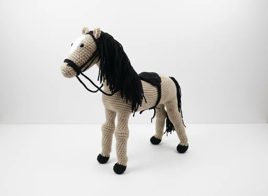 Ten Rengi Örgü Oyuncak At - Siyah Yeleli ve El Yapımı