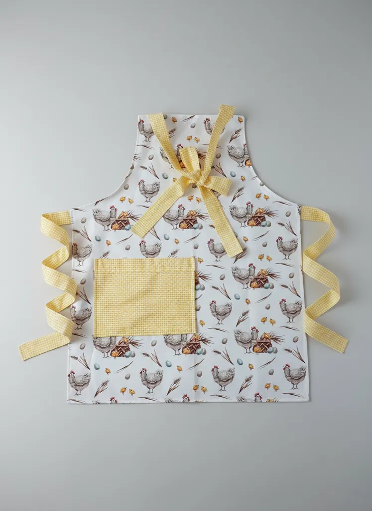 Tavuk ve Civciv Desenli Sarı Kareli Duck Kumaş Mutfak Önlüğü