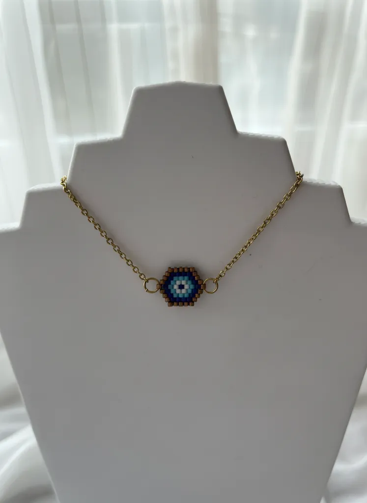 Altın Rengi Zincirli Mavi Nazar Boncuğu Miyuki Bileklik