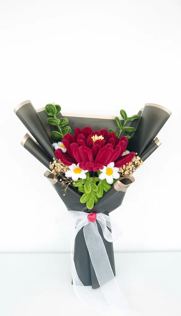 Chenille Yarn Peony and Daisy Bouquet - Handmade Decorative Flower