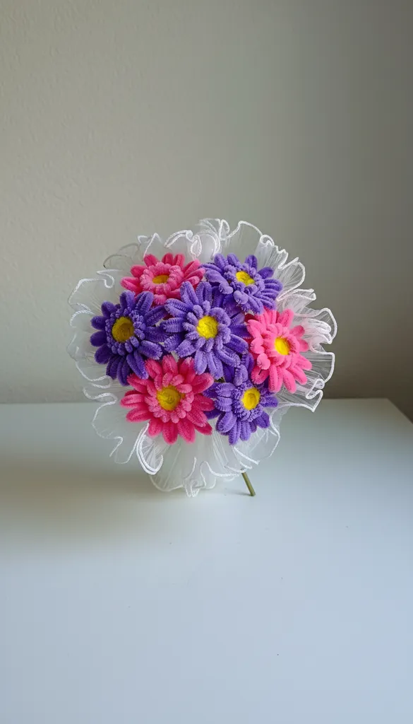 Pembe ve Mor Şönil Gerbera Çiçek Buketi - Tül Detaylı