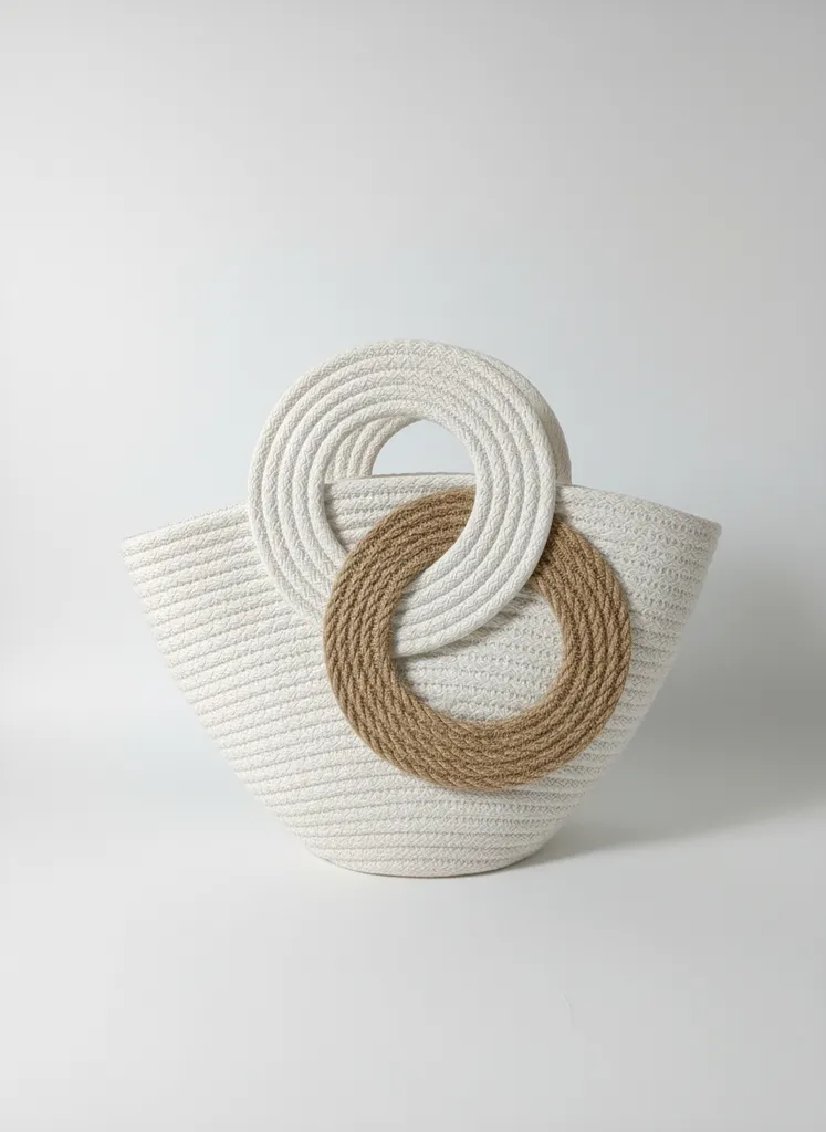Beyaz Pamuk ve Jüt İp Örgü Çanta - Yuvarlak Saplı Şık Tasarım