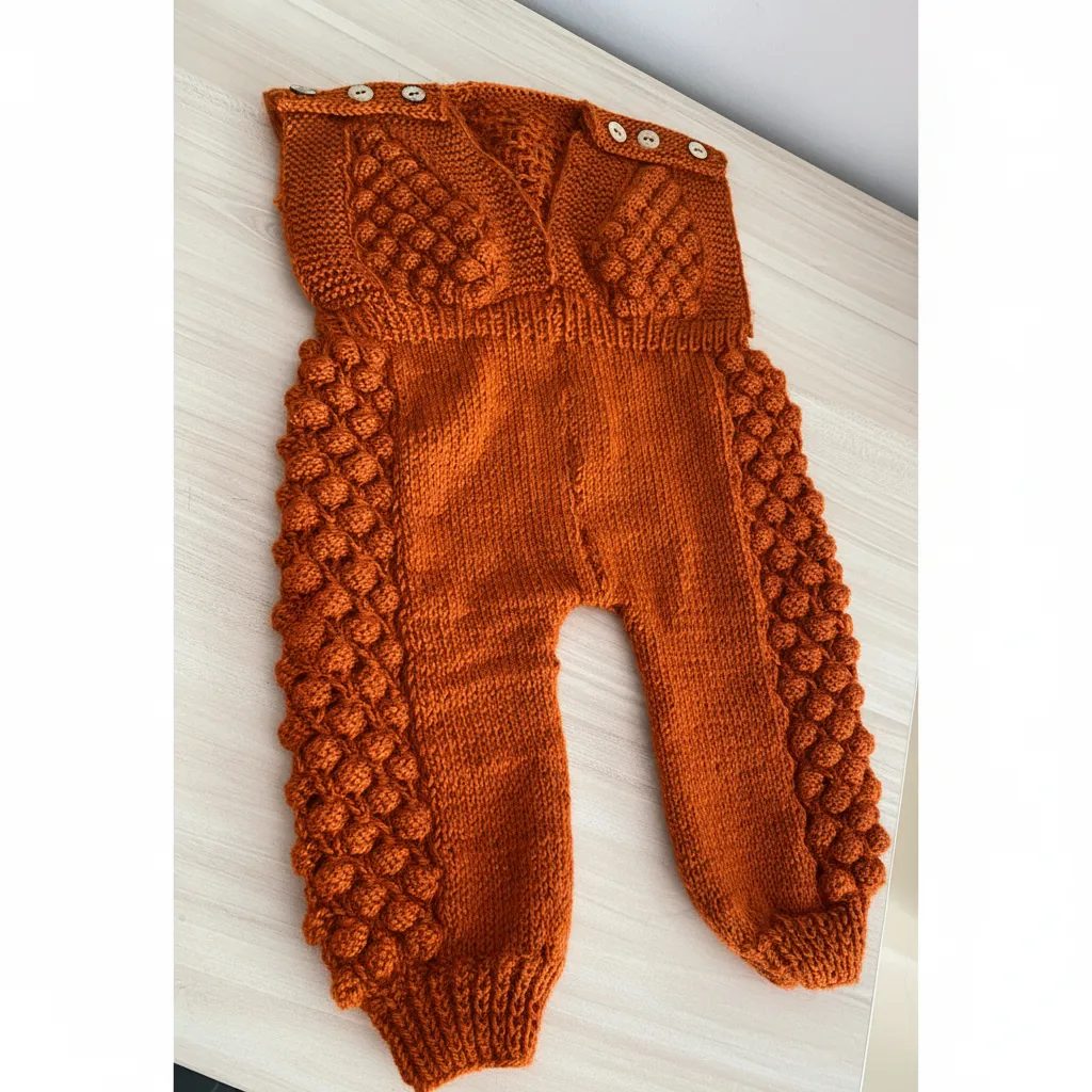 1 Yaş Kiremit Renkli Örgü Bebek Tulum - Ponpon Detaylı El Emeği