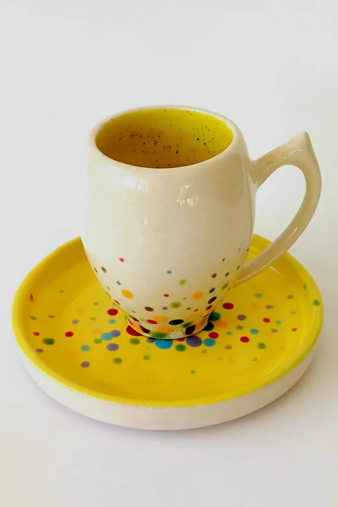 Renkli Puantiyeli Seramik Türk Kahvesi Fincanı ve Tabağı - El Yapımı
