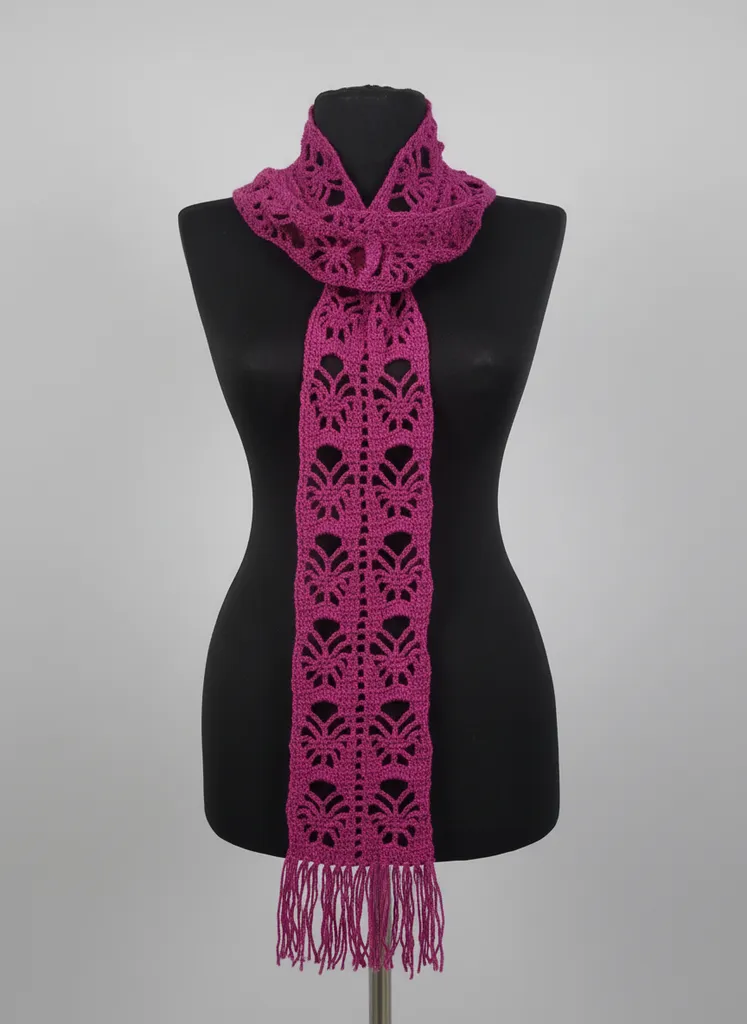 Mor Renkli Tığ İşi Örgü Atkı Şal - 200 cm - El Örgüsü