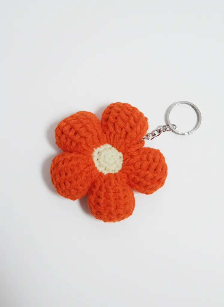 Orange Knitted Flower Keychain - Handmade Bag and Car Ornament