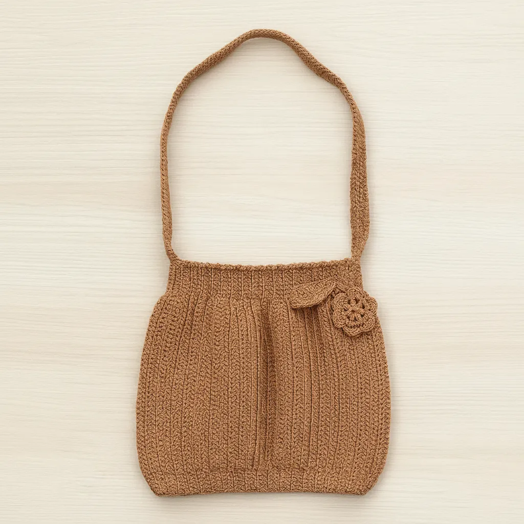 Kahverengi Örgü Çapraz Askılı Bohem Çanta - Çiçek Detaylı El Emeği