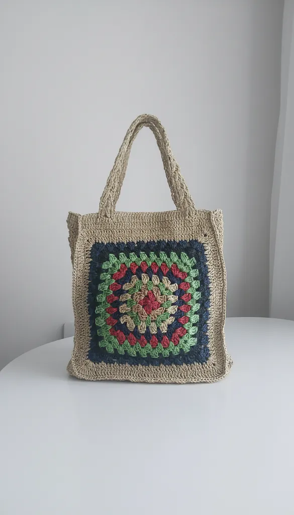 Knitted Paper Rope Bag - Colorful Motifs, Snap Fastener, Handmade