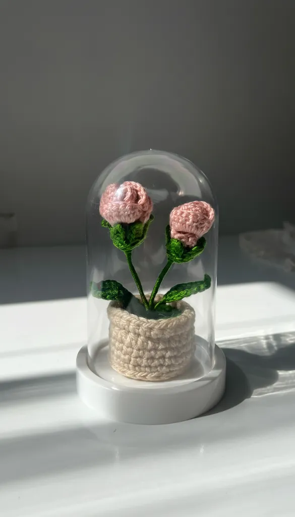 Pink Rose in Glass Dome - Decorative Handmade Flower with Knitted Pot