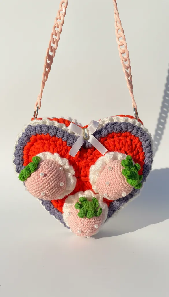 Örme Çilekli Pasta Desenli Coquette Tarzı Omuz Çantası - El Emeği