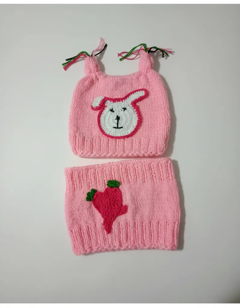 Pink Knitted Baby Hat Neck Warmer Set - Rabbit and Carrot Detailed