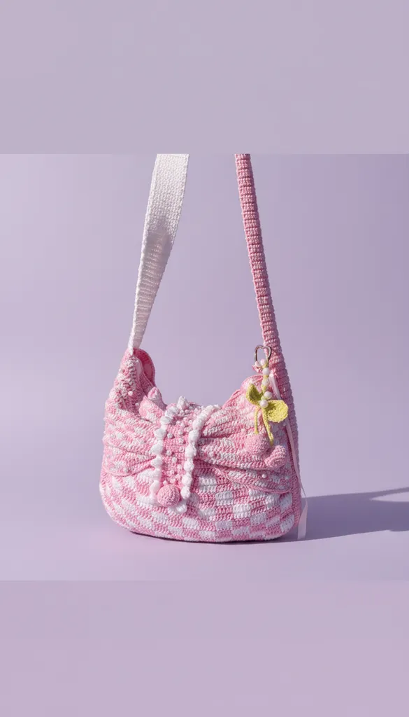 Pembe Beyaz Örgü Kalpli İncili Kirazlı Coquette Omuz Çantası
